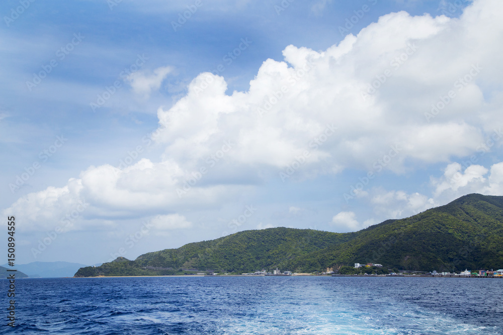 Seascape of the Oshima strait from the ferry going to Kakeroma island