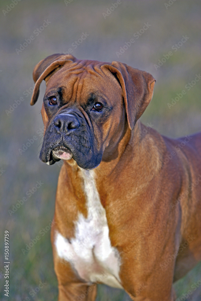 Portrait of beautiful German Boxer Dog  in field, watching