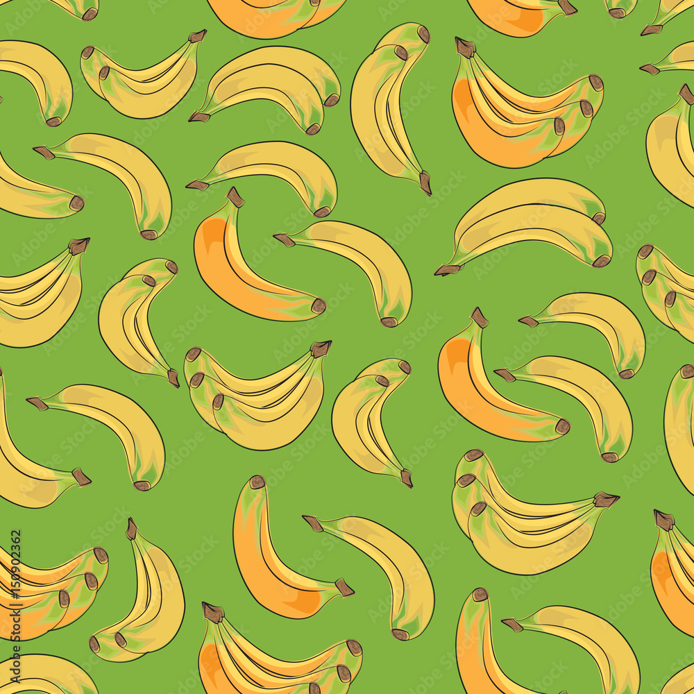 Bananas. Yellow fruits. Seamless vector pattern on green background. A tropical fruit. Design for printing on fabric or paper. Bananas. Yellow fruits. Seamless vector pattern on green background. A tropical fruit. Design for printing on fabric or paper.