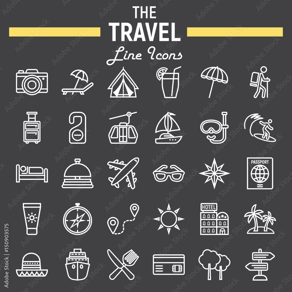 Travel line icon set, tourism symbols collection, transportation vector sketches, logo illustrations, linear pictograms package isolated on black background, eps 10.