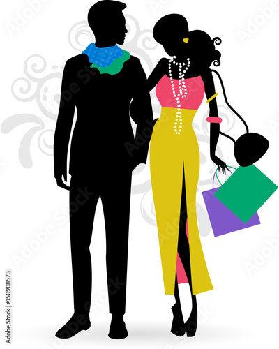 Fashion silhouette of woman and man with the shopping bags in a day of summer