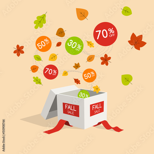 Special fall offer sale discount symbol with shopping bag and flow labels and flowers isolated on light background. Easy to use for your design with transparent shadows.