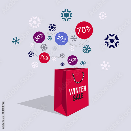 Special winter offer sale discount symbol with open gift and flow labels isolated on light background. Easy to use for your design with transparent shadows.