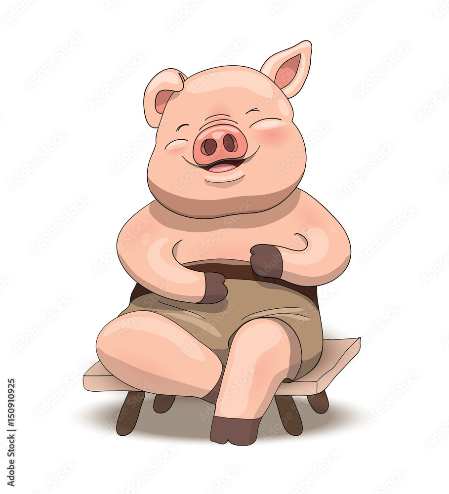 Fototapeta premium Cute cartoon little pig character sitting and laughing