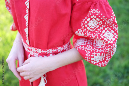 Detail of traditional Ukrainian costume vyshyvanka dress