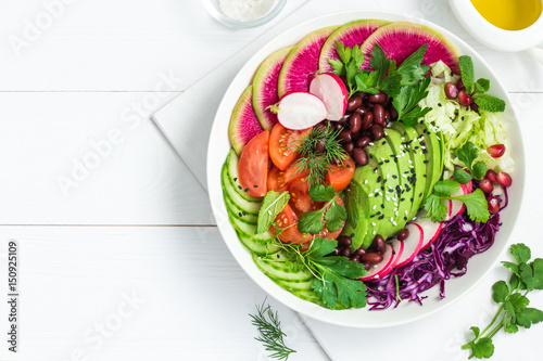  Avocado, red bean, tomato, cucumber, red cabbage  and watermelon radish  vegetables salad