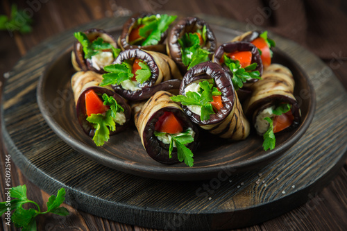 aubergine rolls with garlic feta, tomato and herbs