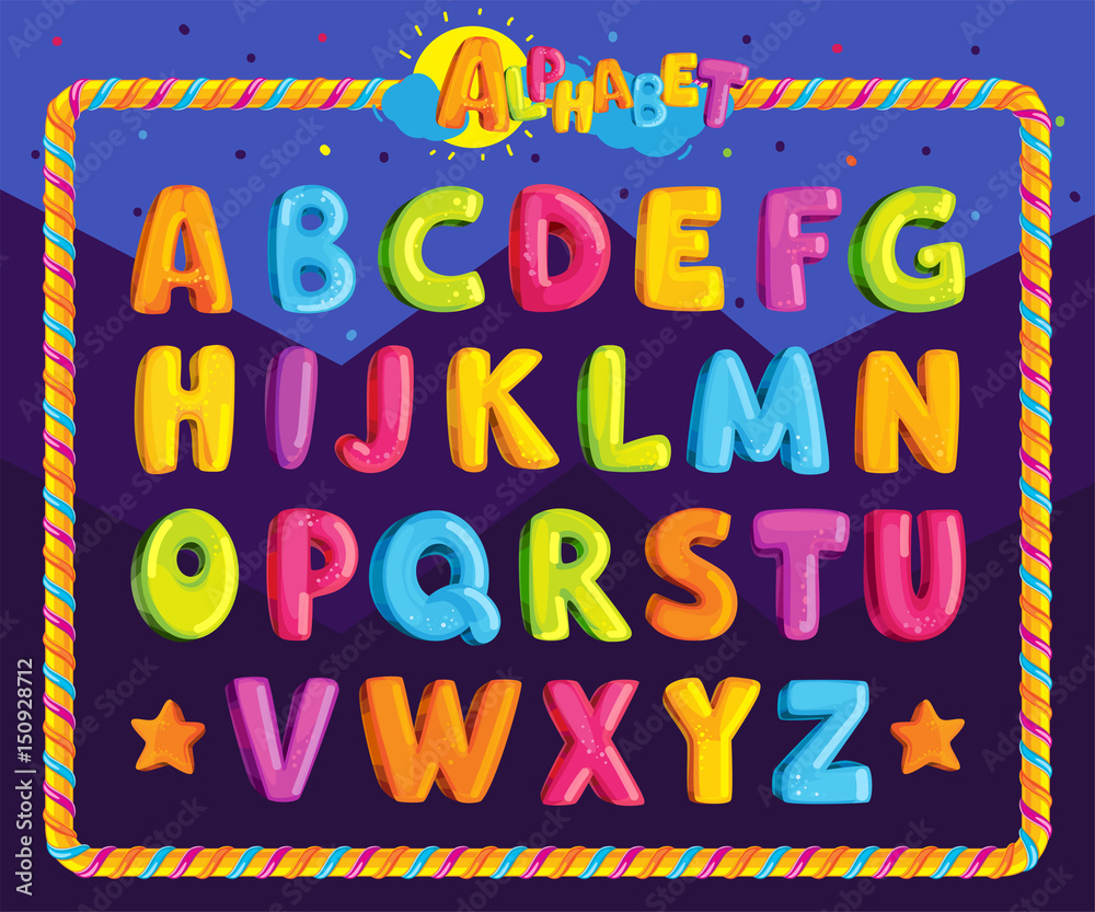 Children's font in the cartoon style. Set of multicolored bright letters for inscriptions. Vector illustration of an alphabet.