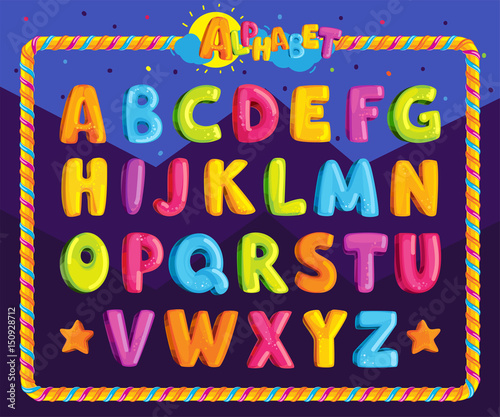 Children's font in the cartoon style. Set of multicolored bright letters for inscriptions. Vector illustration of an alphabet.