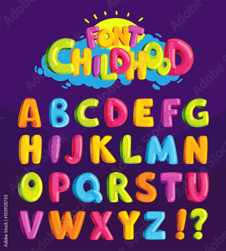 Children s font in the cartoon style of  childhood.  Set of multicolored bright letters for inscriptions. Vector illustration of an alphabet.