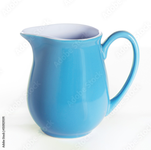 Ligh blue ceramic milk jar isolated on white