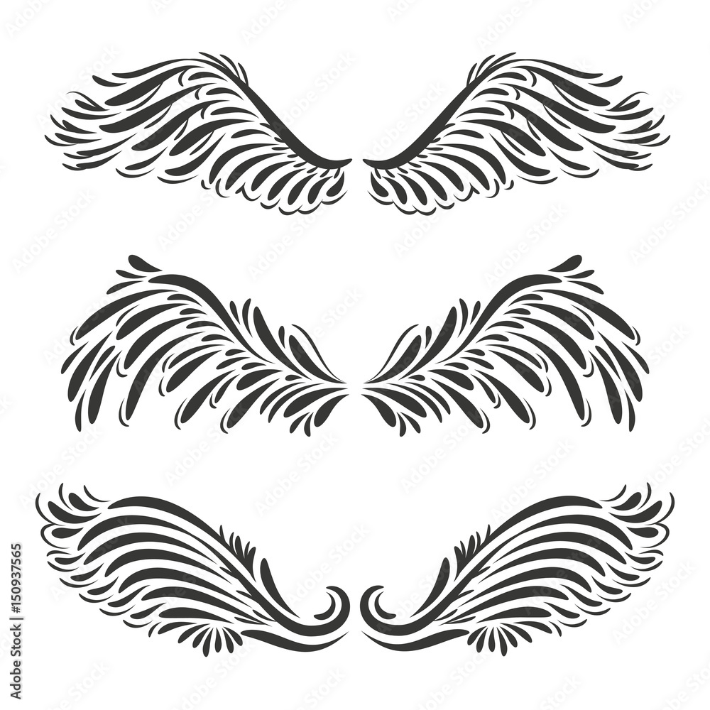 Set of three vector decorative angel or bird wings design - illustration or tatto design Set of three vector decorative angel or bird wings design - illustration or tatto design