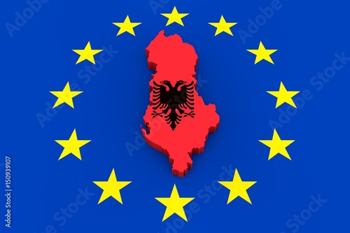 EU flag with cutout of Albania in national colors