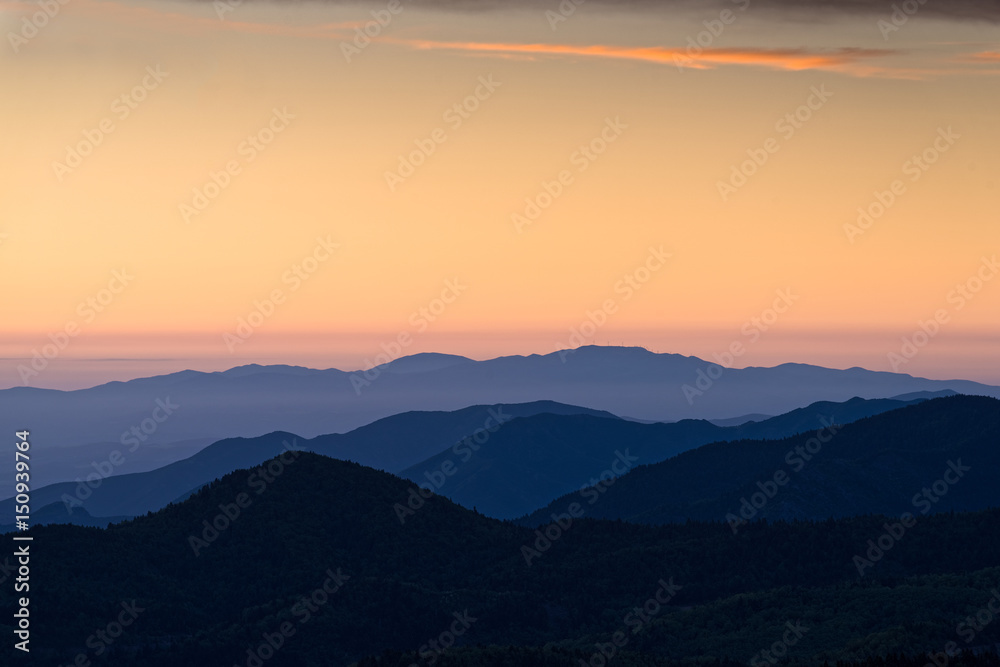 Ridges of Pindus range at sunrise in Thessaly, Greece