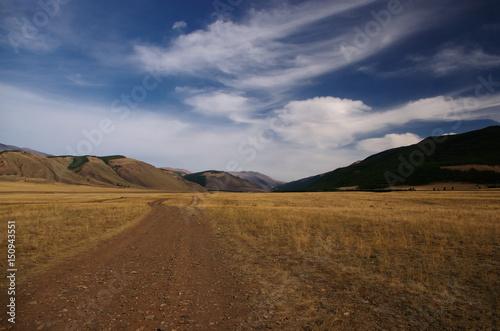 Road through a dry desert steppe on a highland mountain plateau with yellow grass with ranges of hills on a horizon skyline under blue sky and white clouds, Kurai, Altai, Siberia, Russia