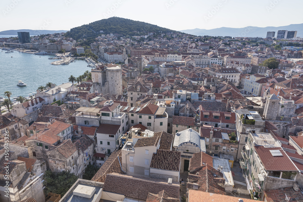  View from bell tower in Split to the western part of Diocletians palace with hill Marjan in background