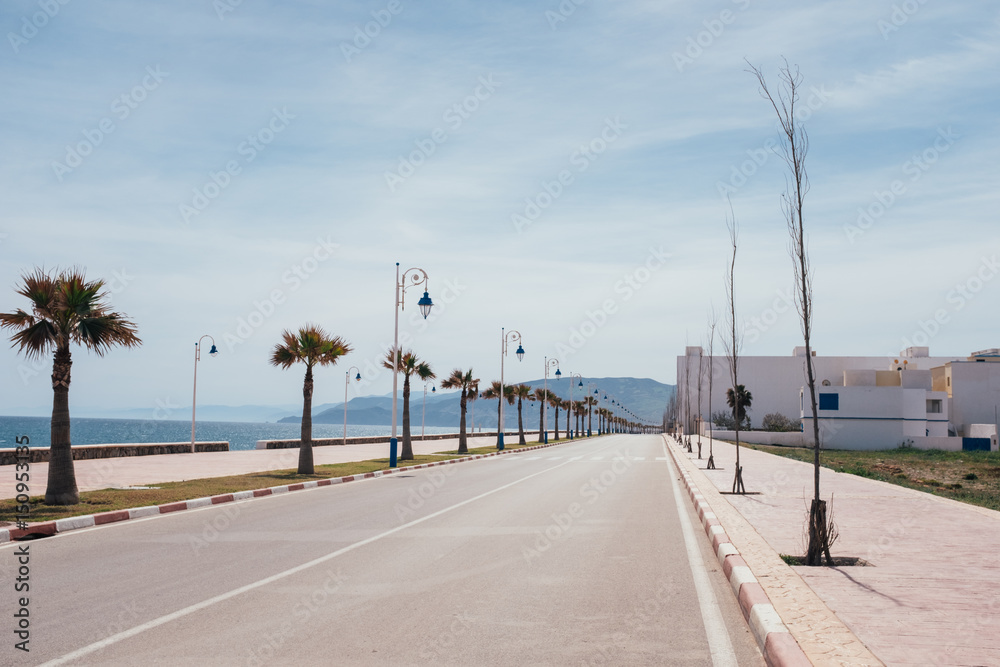 Promenade on ocean coast, Oued Laou, Morocco, Africa