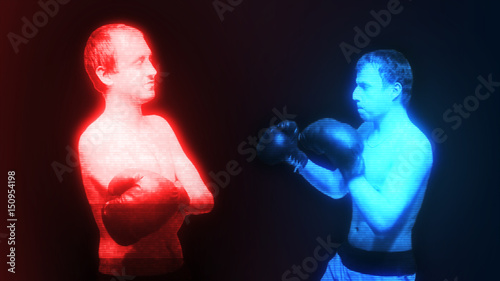 Fotografia Red and blue holograms of boxers fight each other