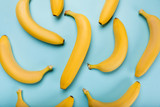 Top view of fresh yellow bananas isolated on blue, , ripe bananas