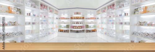 panorama on medicine cabinet and store medicine and pharmacy drugstore for Blurry background  with Perspective wood photo