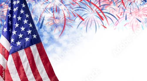 American flag and bokeh background with firework and copy space for 4 july independence day and other celebration