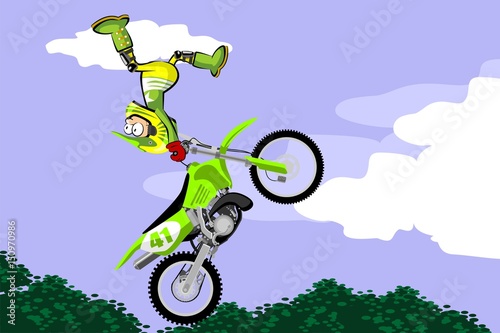 Motocross rider performing a high jump. Cartoon style