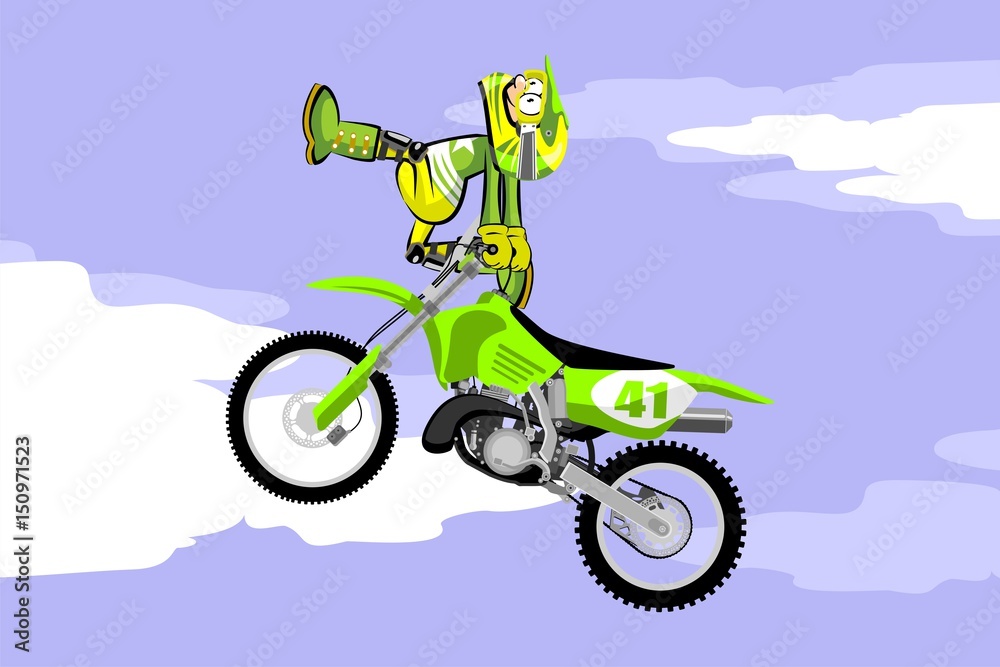 Motocross rider performing a high jump. Cartoon style