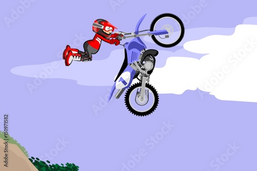 Motocross rider performing a high jump. Cartoon style