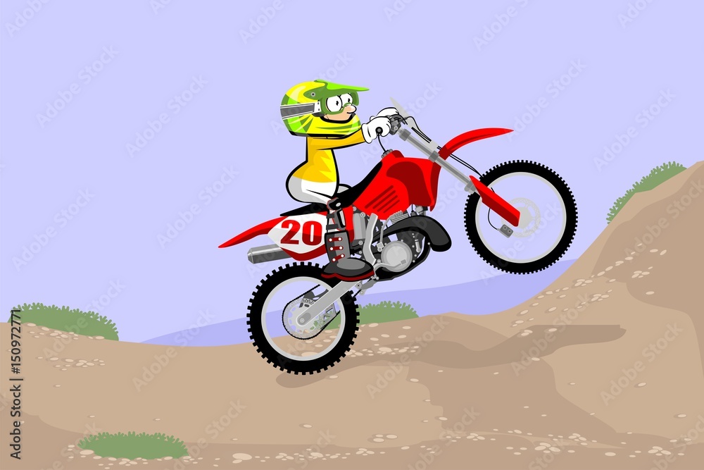 Motocross Racer extreme in dust track. Cartoon Style