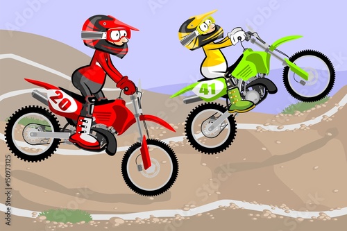 Motocross Racer extreme in dust track. Cartoon Style