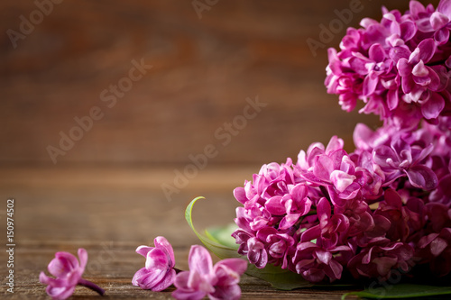 Branch of lilac lying on a brown wooden background.