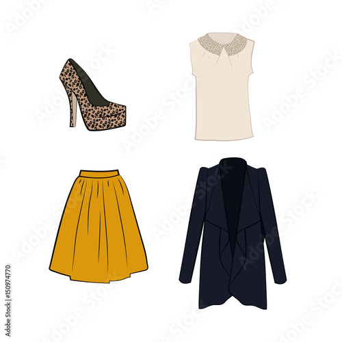 Romantic white blouse, flared midi skirt, cardigan, shoe with leopard print