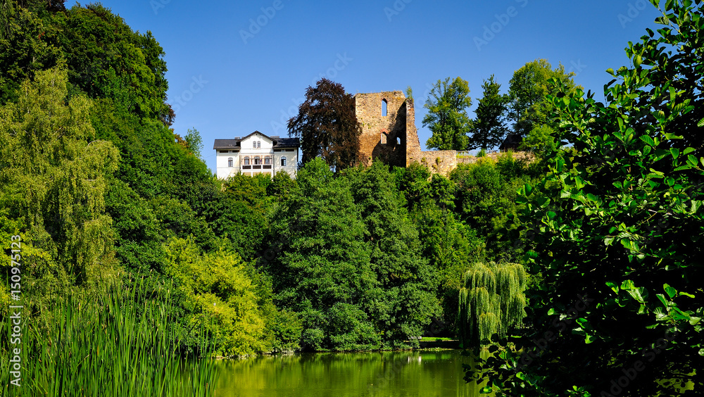 Fototapeta premium Schlossteich und rechts Ruine der Oberburg, Tharandt, Landkreis Sächsische Schweiz-Osterzgebirge, Sachsen, Deutschland