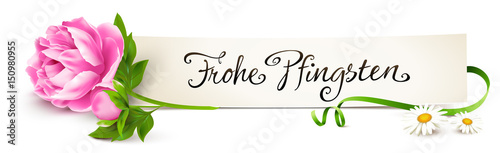 Frohe Pfingsten - Banner mit Pfingstrose, Band, Margeriten und Kalligraphie