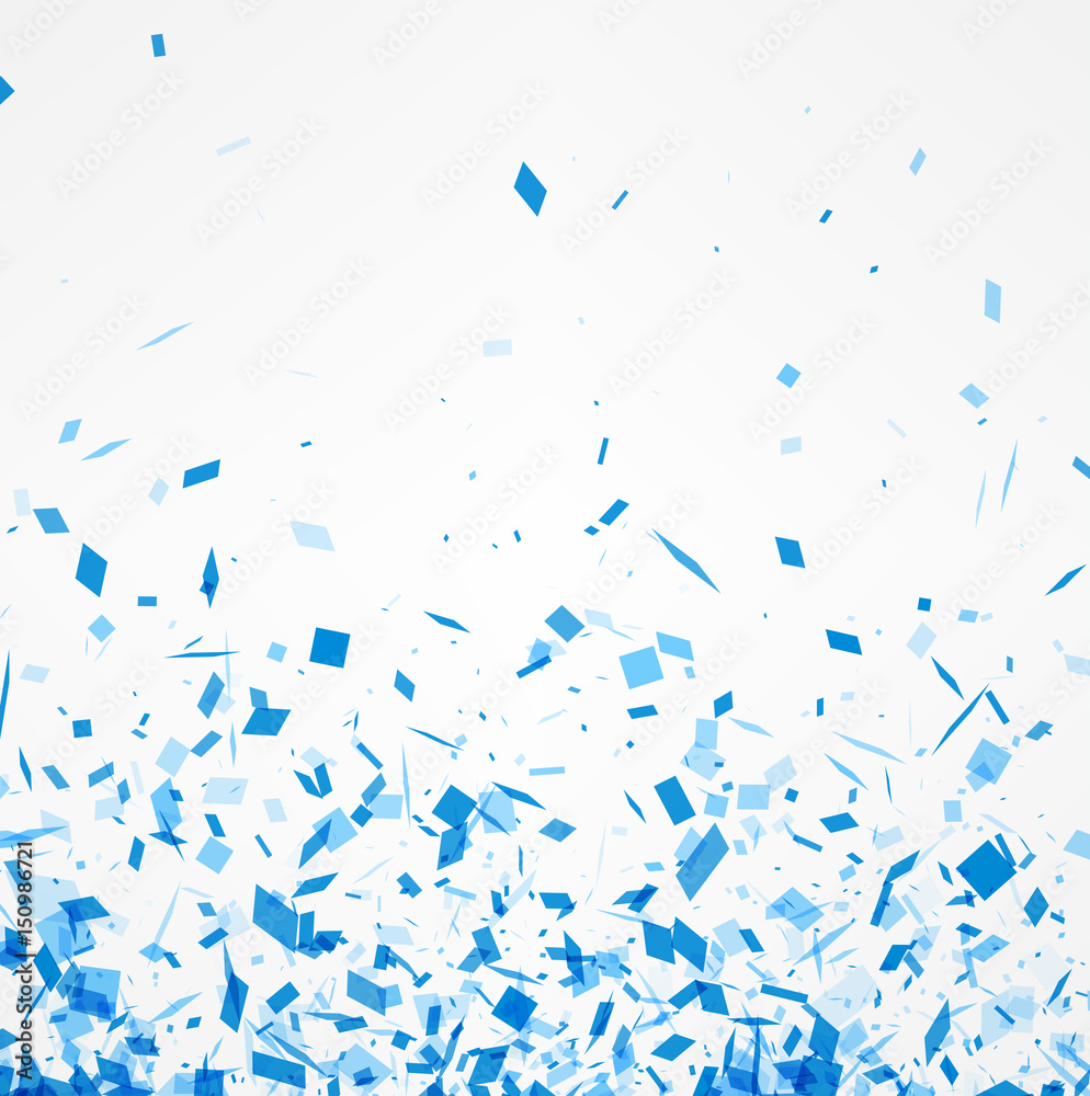 White background with blue confetti.