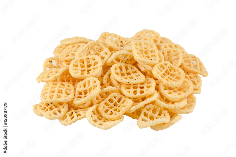 Front view of potato snacks pile isolated on white