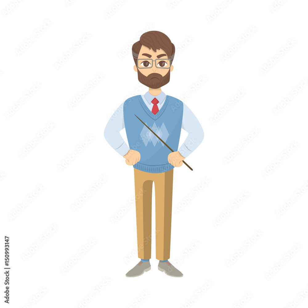 Isolated angry teacher with stick on white background.