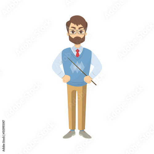 Isolated angry teacher with stick on white background.