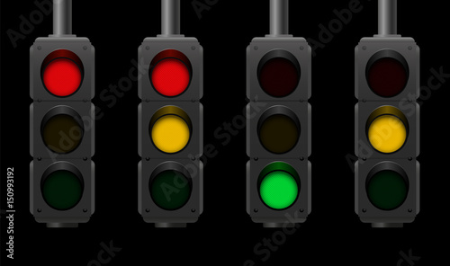 Traffic lights with different usual signal sequences - night scene - isolated vector illustration on black background.