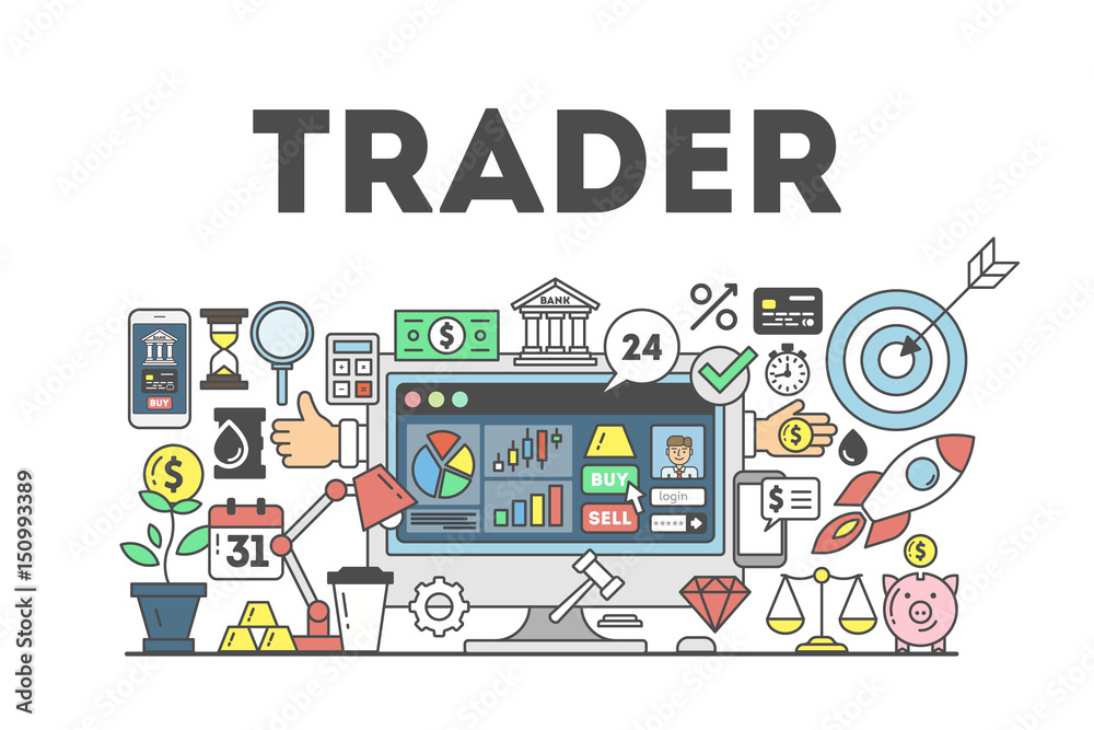 Trader concept illustration. Signs and icons on white background.