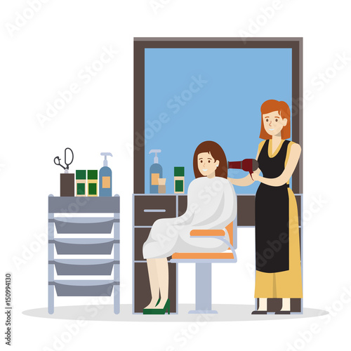 Isolated hairdressing salon illustration. Stylist with hairdryer.