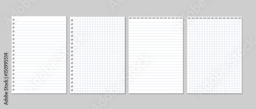 Set of realistic vector illustration of blank sheets of square and lined paper from a block isolated on a gray background