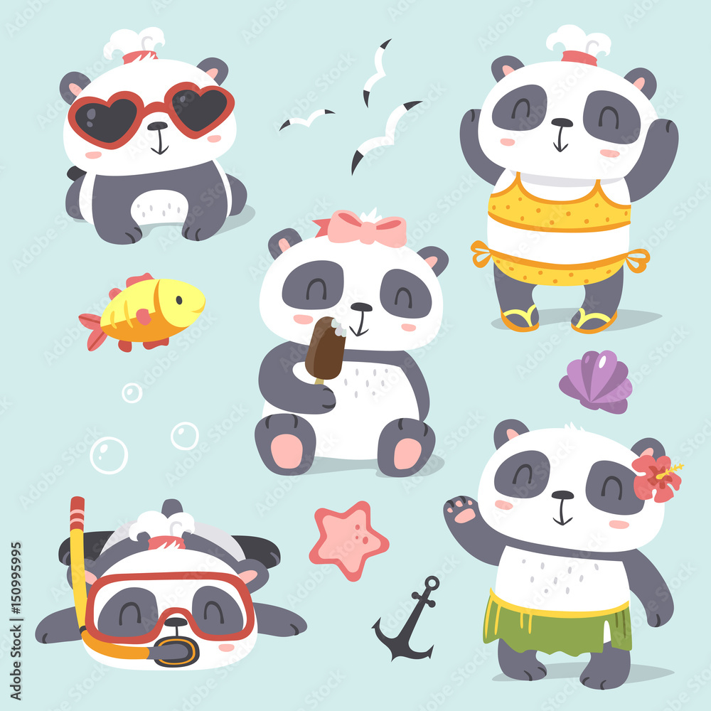 Obraz premium vector cartoon style cute girl panda summer beach set