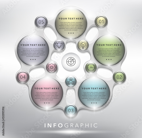 Abstract info graphic with circle elements. 5 parts concept. Can be used for workflow layout, banner, number options, step up options, diagram, web design. Vector illustration. Eps10.