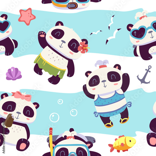 Fototapeta Naklejka Na Ścianę i Meble -  vector cartoon style cute girl panda seamless pattern