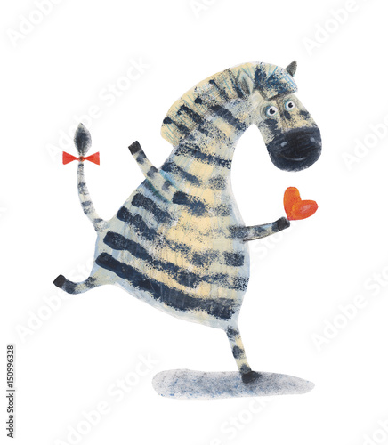 Zebra with heart. Watercolor illustration. Hand drawing