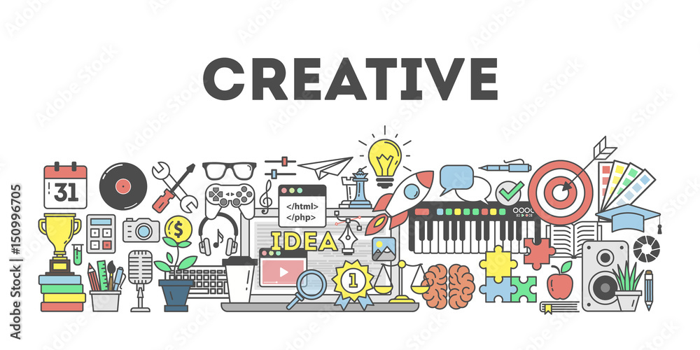 Creative concept illustration on white background. Arts, music and design.