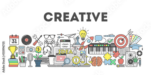 Creative concept illustration on white background. Arts, music and design.