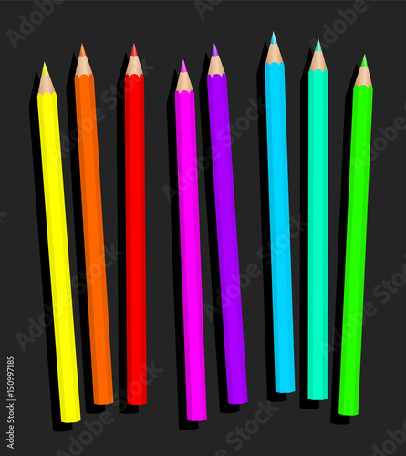 Neon pencil set, loosely arranged - fluorescent crayons for dynamically and glary colored drawings - isolated vector illustration on gray background.