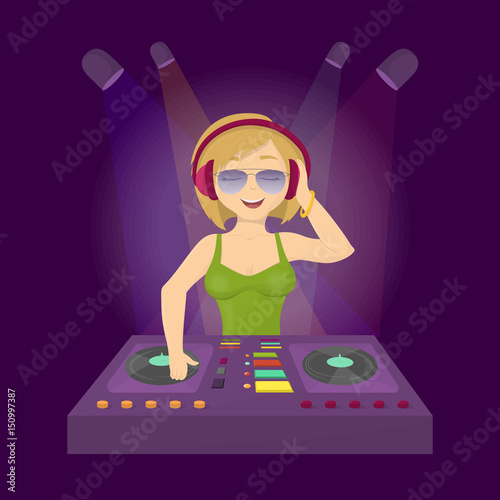 Cool dj in club. Woman in headphones djing in the dance club.